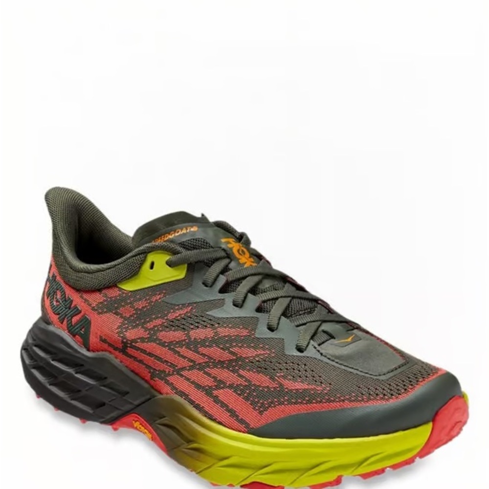 Hoka One One Speedgoat Men's Trail Running Shoe in Olive, Orange/Red, and Lime